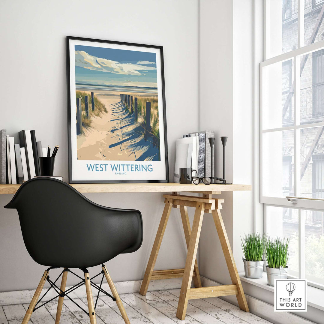 West Wittering Beach poster showcasing serene English coastline art in a stylish office setting.