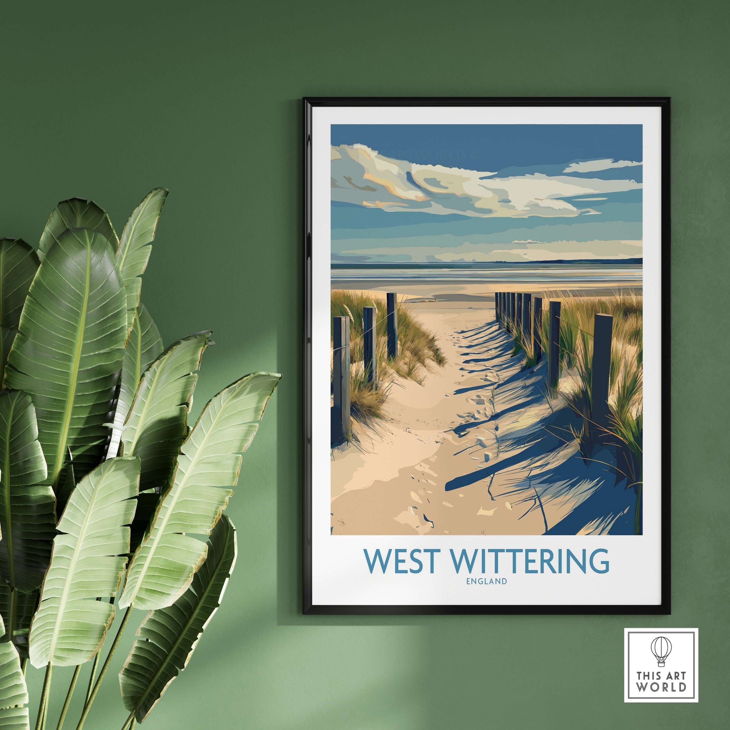 West Wittering Beach Poster - Sussex Travel Print - English Coastline Wall Art displayed with greenery