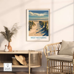 West Wittering Beach Poster - Sussex Travel Print - English Coastline Wall Art displayed in a cozy living room setting.