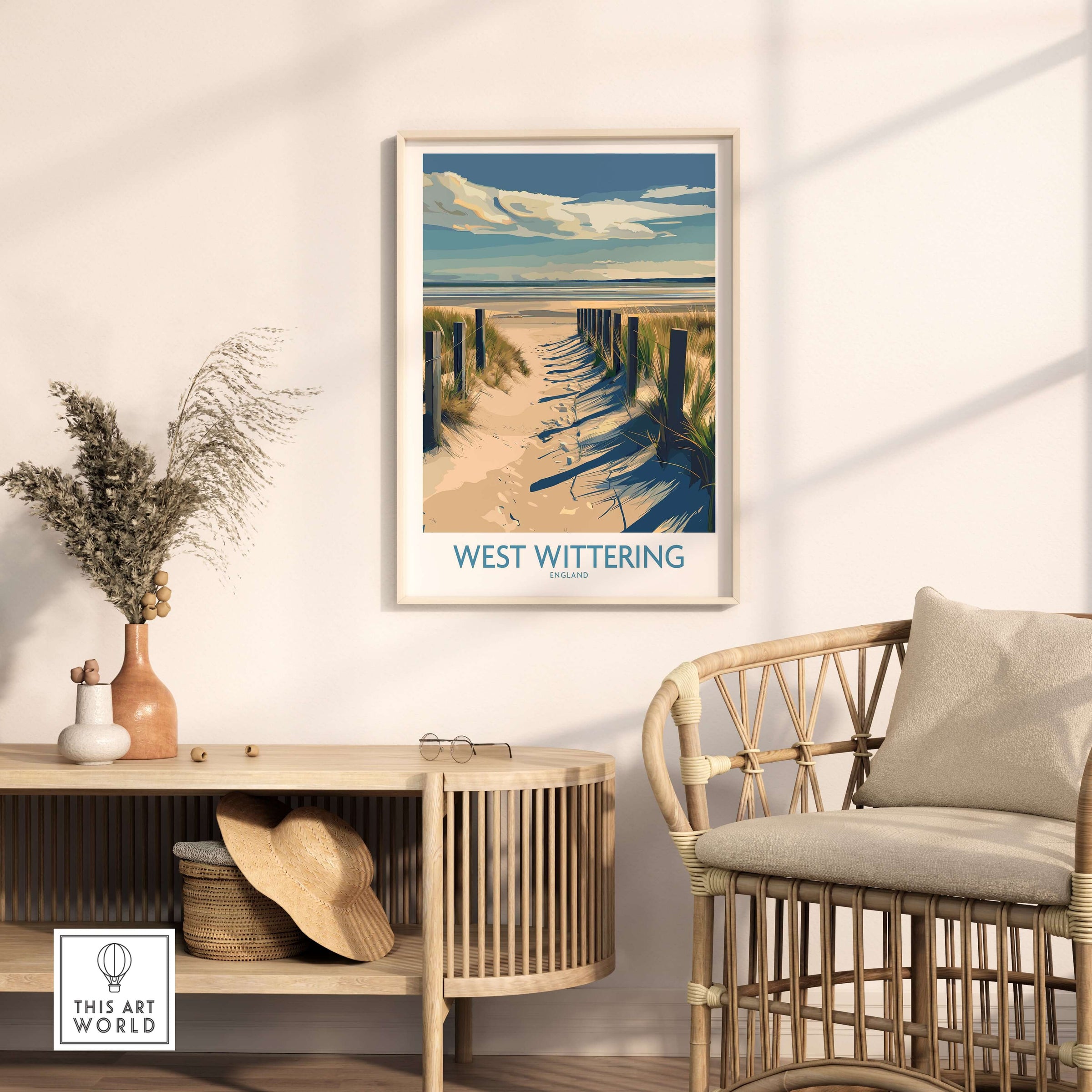 West Wittering Beach Poster - Sussex Travel Print - English Coastline Wall Art displayed in a cozy living room setting.