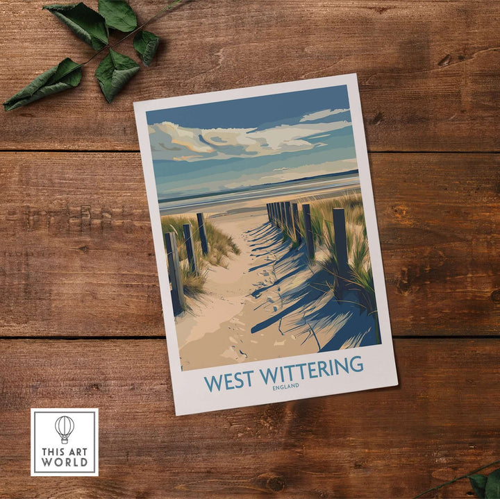 West Wittering Beach poster featuring scenic dunes and sky, ideal for Sussex travel enthusiasts and room decor.