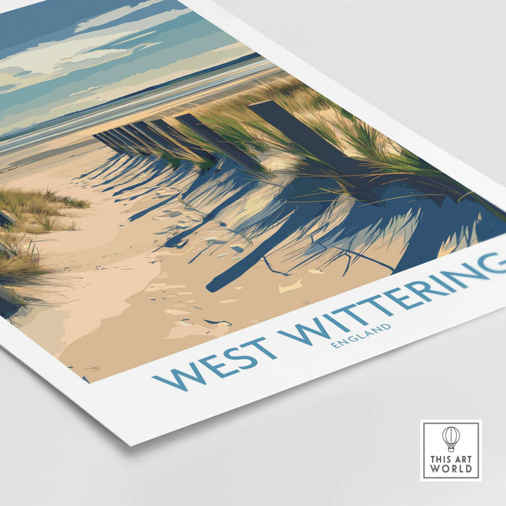 West Wittering Beach poster featuring sandy path and wooden posts, showcasing Sussex coastline travel art.