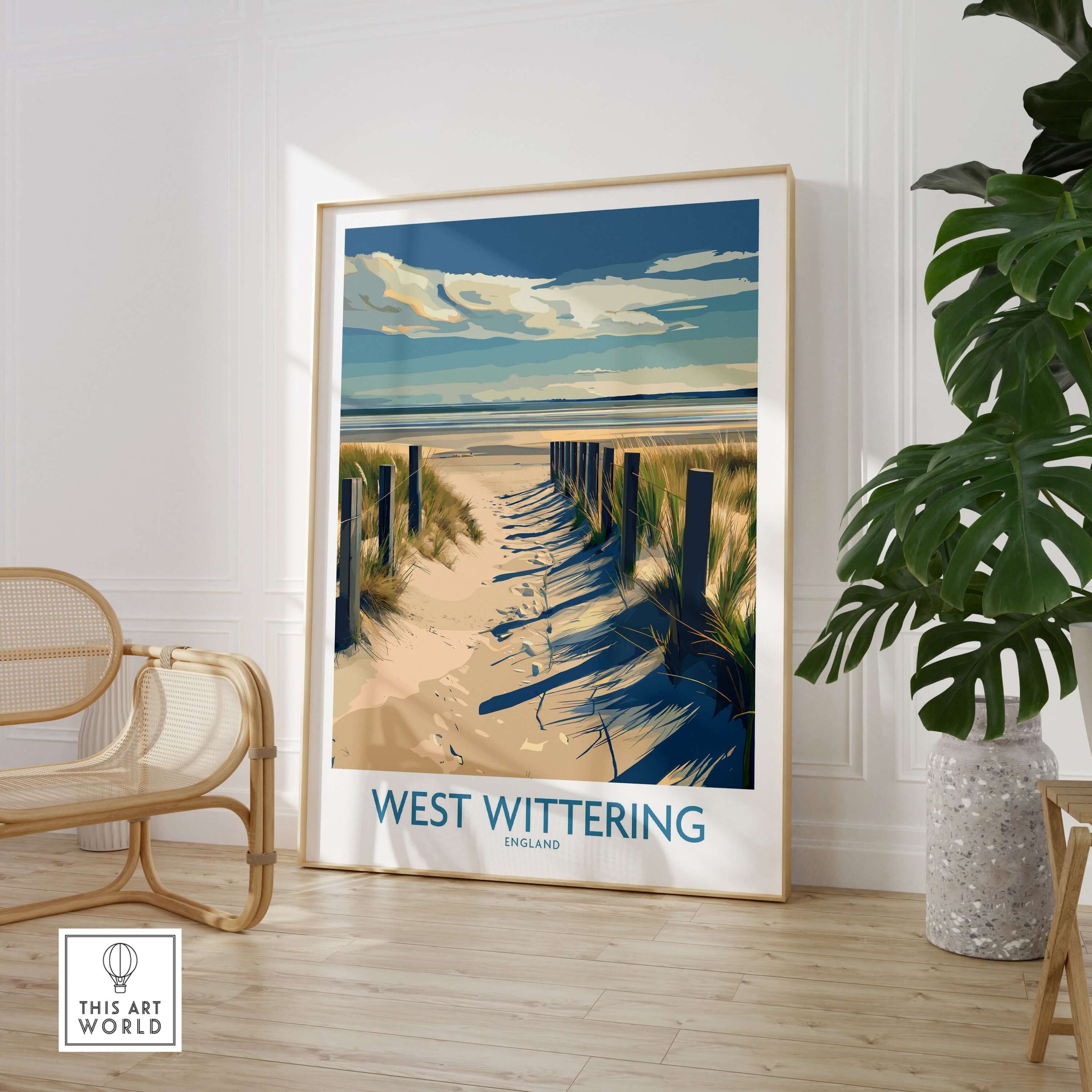 West Wittering Beach Poster - Sussex Travel Print - English Coastline Wall Art displayed in modern interior.