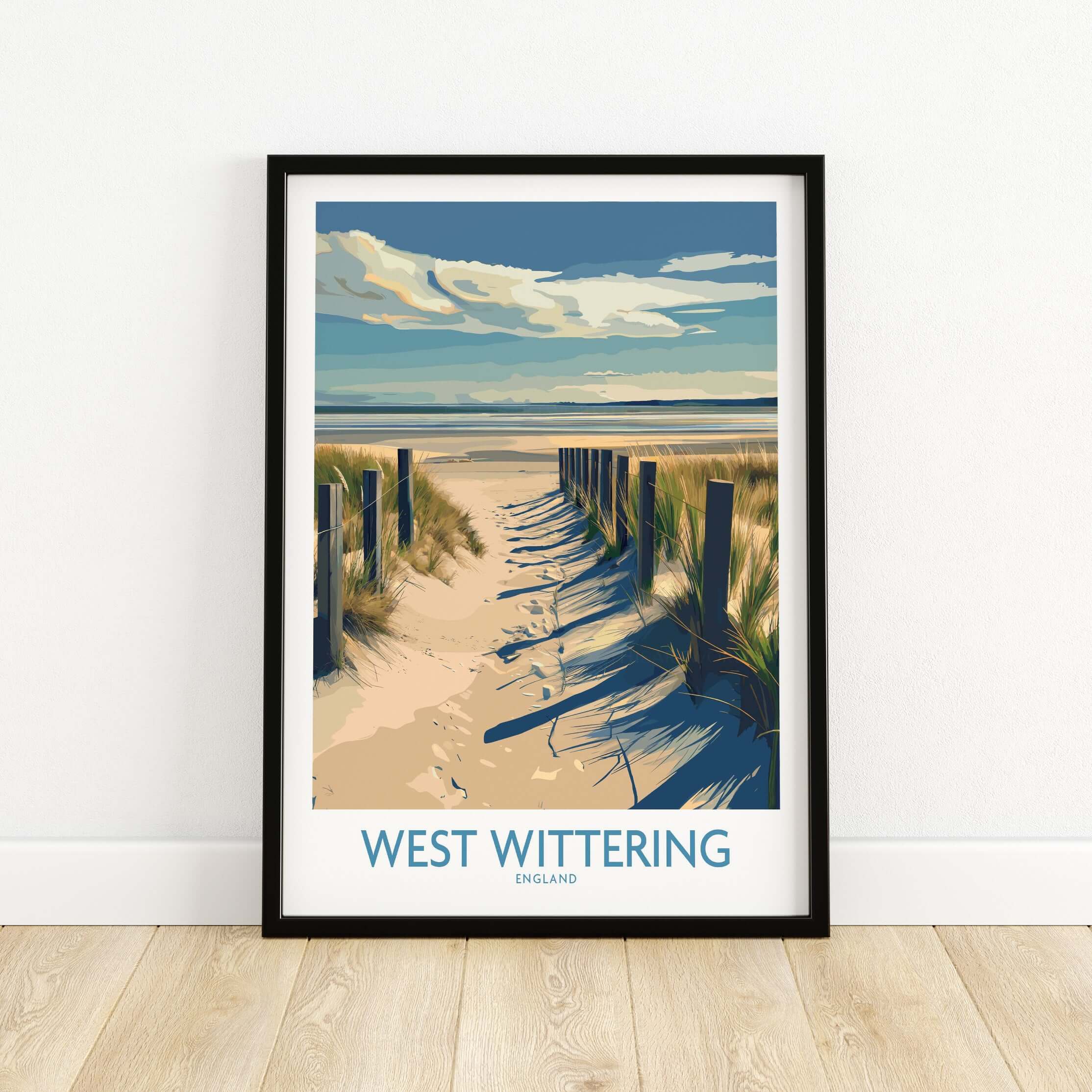 West Wittering Beach Poster - Sussex Travel Print - English Coastline Wall Art framed print with beach path and cloudy sky.
