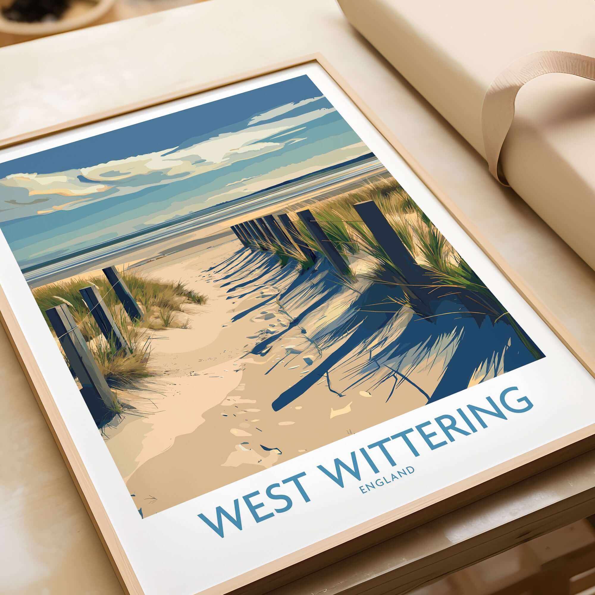 West Wittering Beach Poster - Sussex Travel Print - English Coastline Wall Art displayed in a wooden frame.