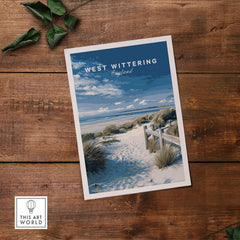West Wittering Beach Wall Art - Chichester Harbour Travel Poster - Coastal Home Decor on wood background.