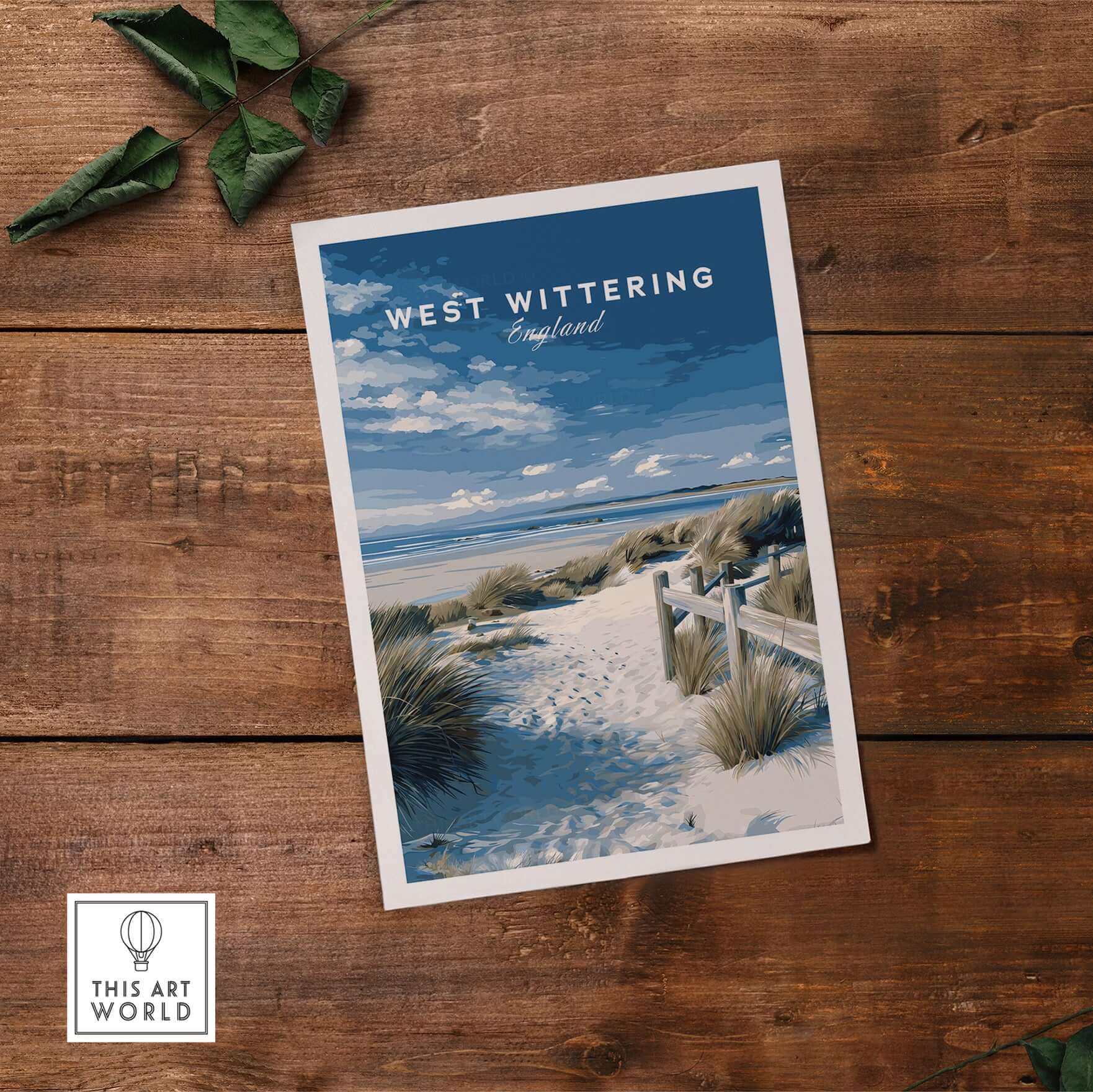 West Wittering Beach Wall Art - Chichester Harbour Travel Poster - Coastal Home Decor on wood background.