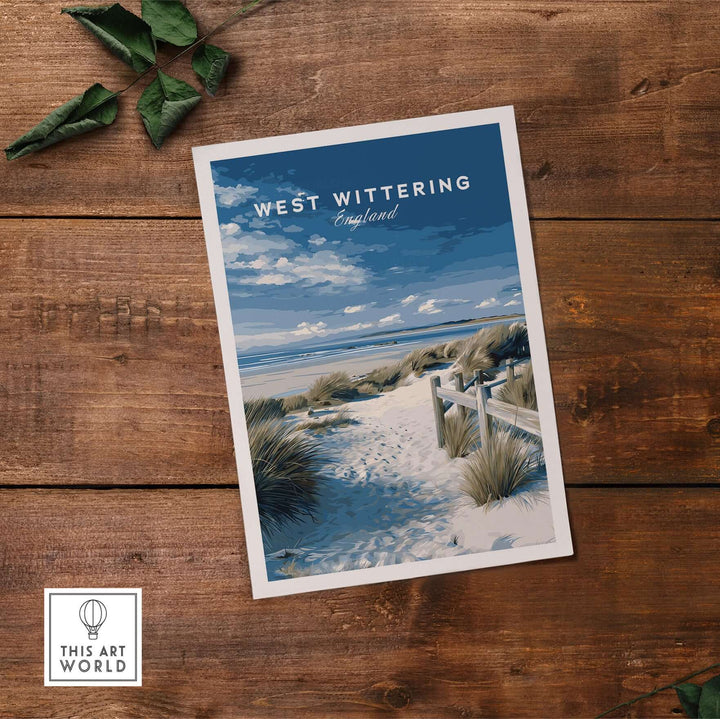 West Wittering Beach travel poster with sandy path and grasses, ideal coastal home decor for a relaxing atmosphere.