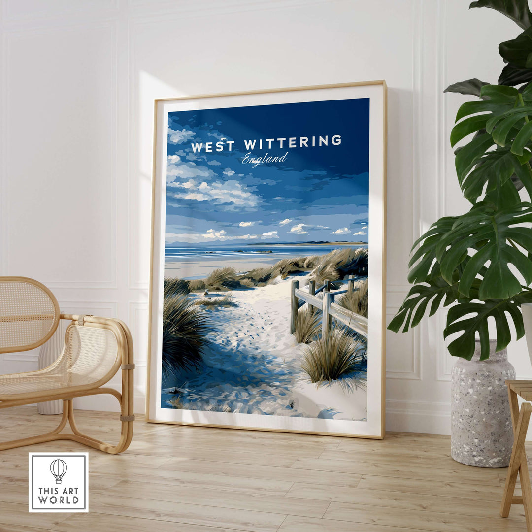 West Wittering Beach wall art travel poster featuring a serene sandy path and blue skies, ideal for coastal home decor.