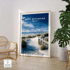West Wittering Beach Wall Art - Chichester Harbour Travel Poster - Coastal Home Decor displayed in a stylish interior.