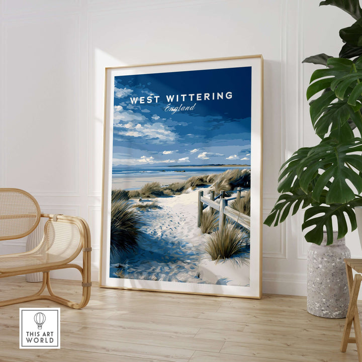 West Wittering Beach wall art travel poster featuring a serene sandy path and blue skies, ideal for coastal home decor.