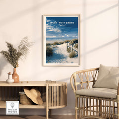 West Wittering Beach Wall Art - Chichester Harbour Travel Poster - Coastal Home Decor in a stylish living room setting.