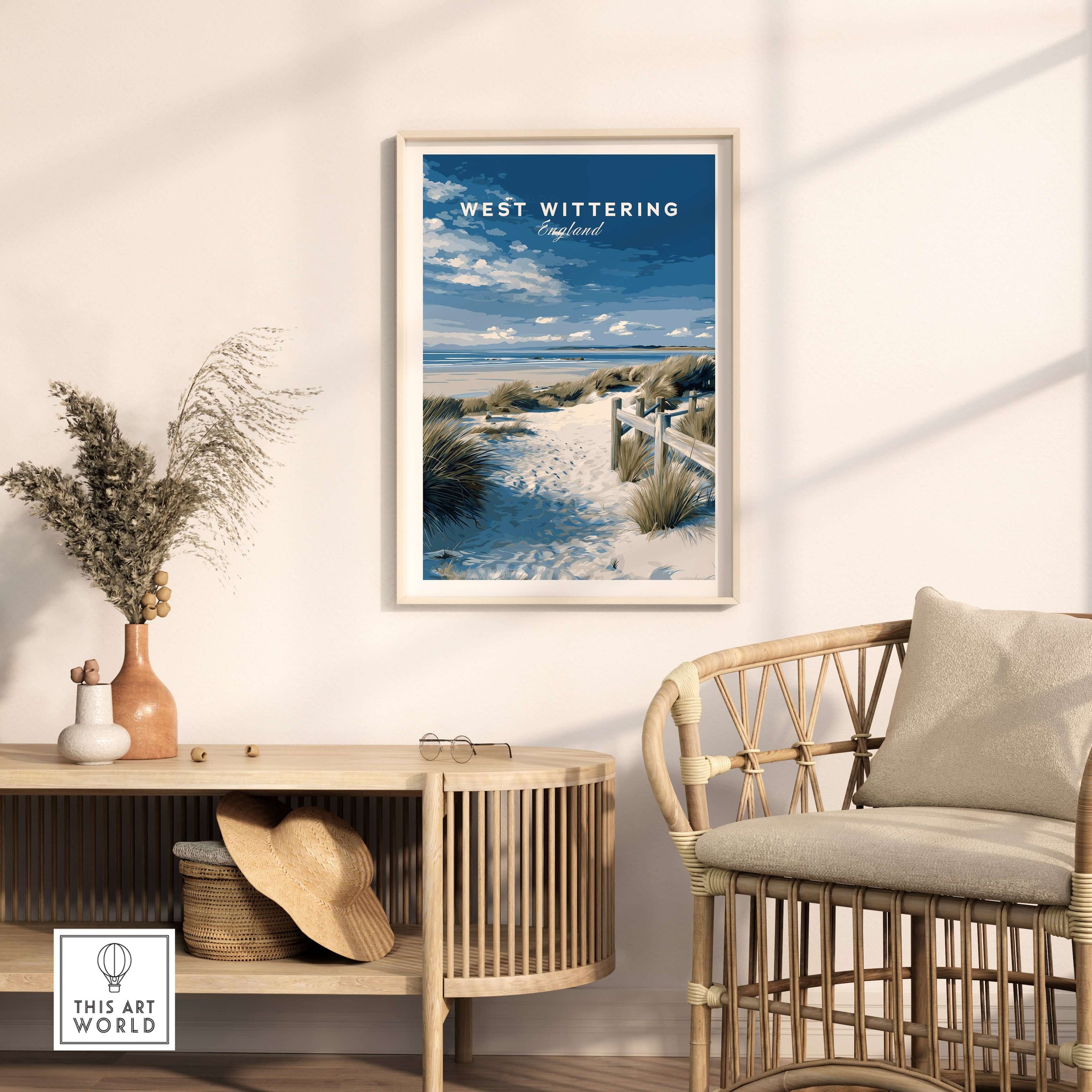 West Wittering Beach Wall Art - Chichester Harbour Travel Poster - Coastal Home Decor in a stylish living room setting.