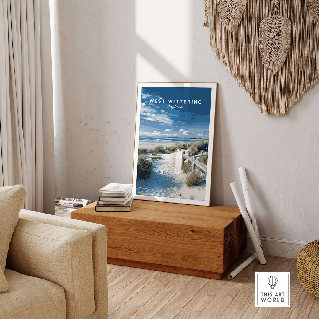 West Wittering Beach wall art travel poster displayed in a cozy living room for coastal home decor.