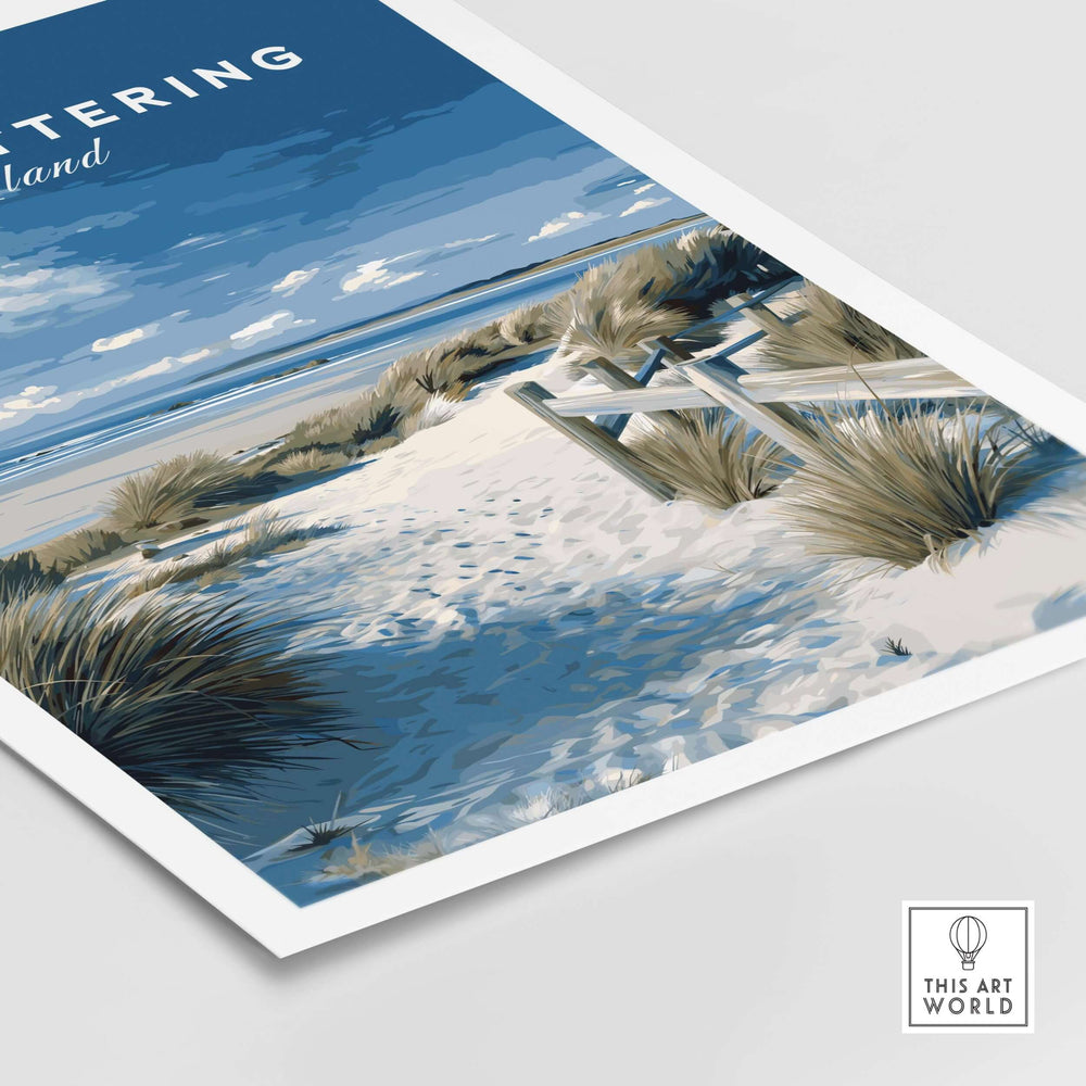 West Wittering Beach travel poster featuring sandy dunes and sea grass, perfect for coastal home decor.