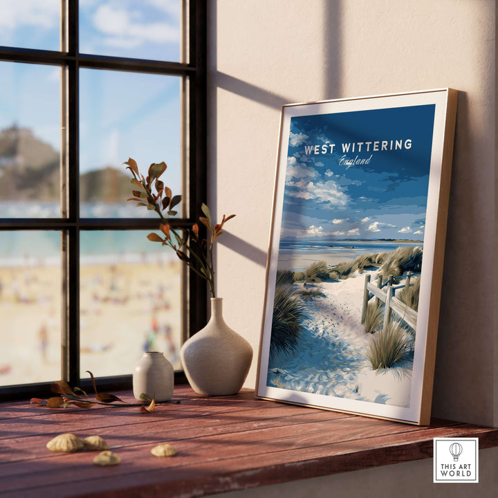 Framed West Wittering Beach travel poster on a windowsill, showcasing coastal scenery and sandy paths.