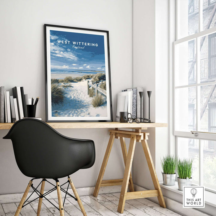 West Wittering Beach wall art in a modern home office setting, featuring a coastal travel poster.