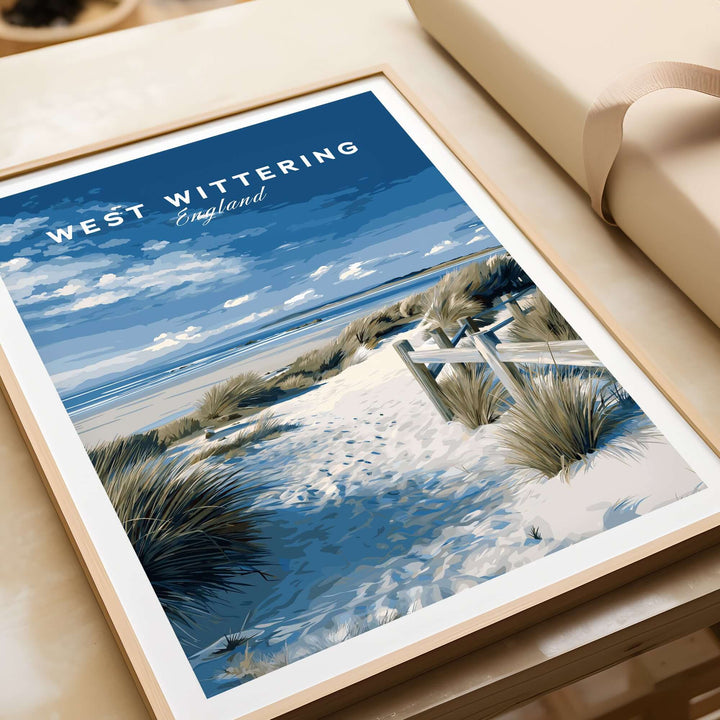 West Wittering Beach wall art travel poster featuring sandy path and blue skies, ideal coastal home decor.