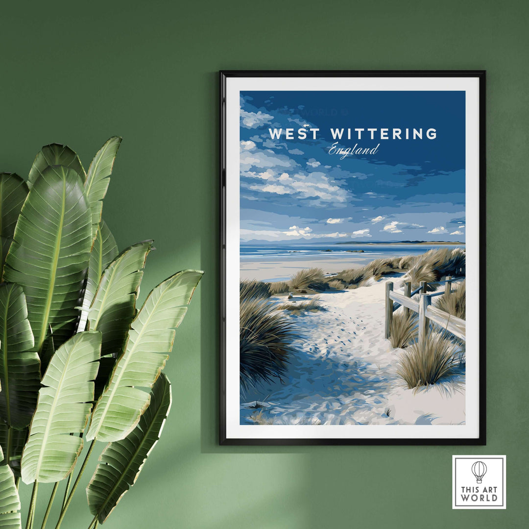 West Wittering Beach wall art travel poster featuring sandy path and lush greenery, perfect coastal home decor.
