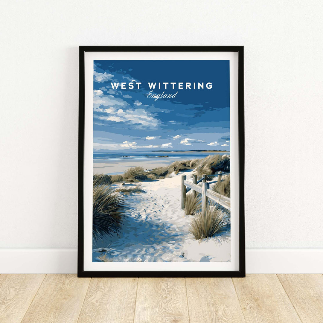 West Wittering Beach wall art travel poster showcasing sandy dunes and a scenic coastal view in England.