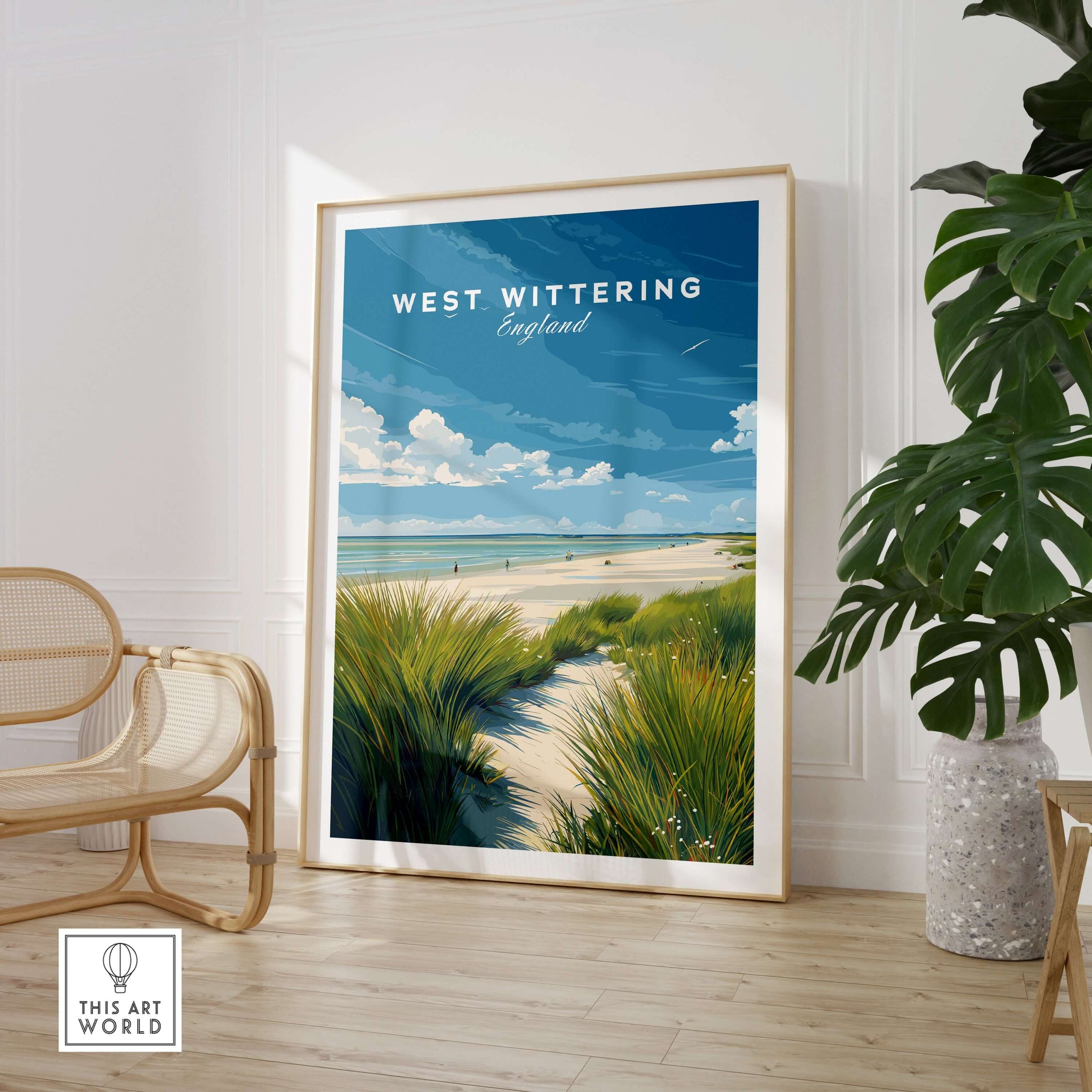 West Wittering Poster - UK Travel Print - Minimalist Coastal Home Decor in a stylish interior setting.