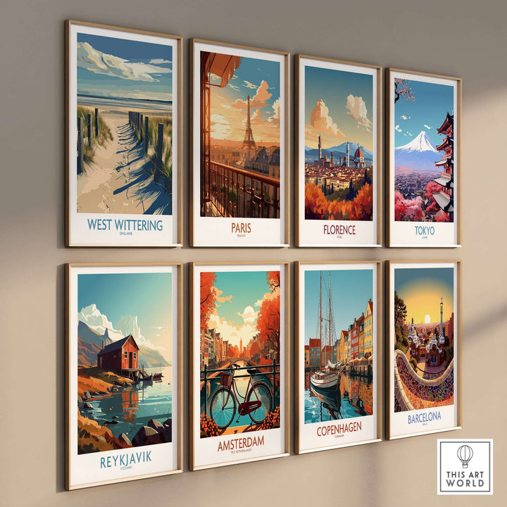 Collection of travel posters featuring West Wittering, Paris, Florence, Tokyo, Amsterdam, Copenhagen, Reykjavik, and Barcelona.