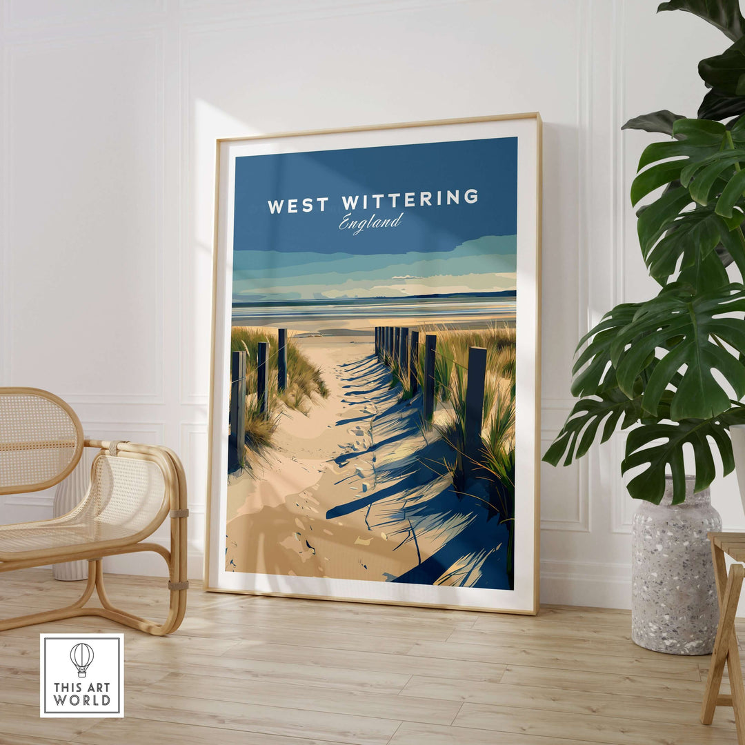 West Wittering poster print featuring a beach path and blue sky, perfect for coastal home decor.