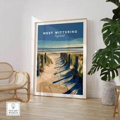 West Wittering Poster - Chichester England Print - Coastal Home Decor displayed in a stylish room with plants.
