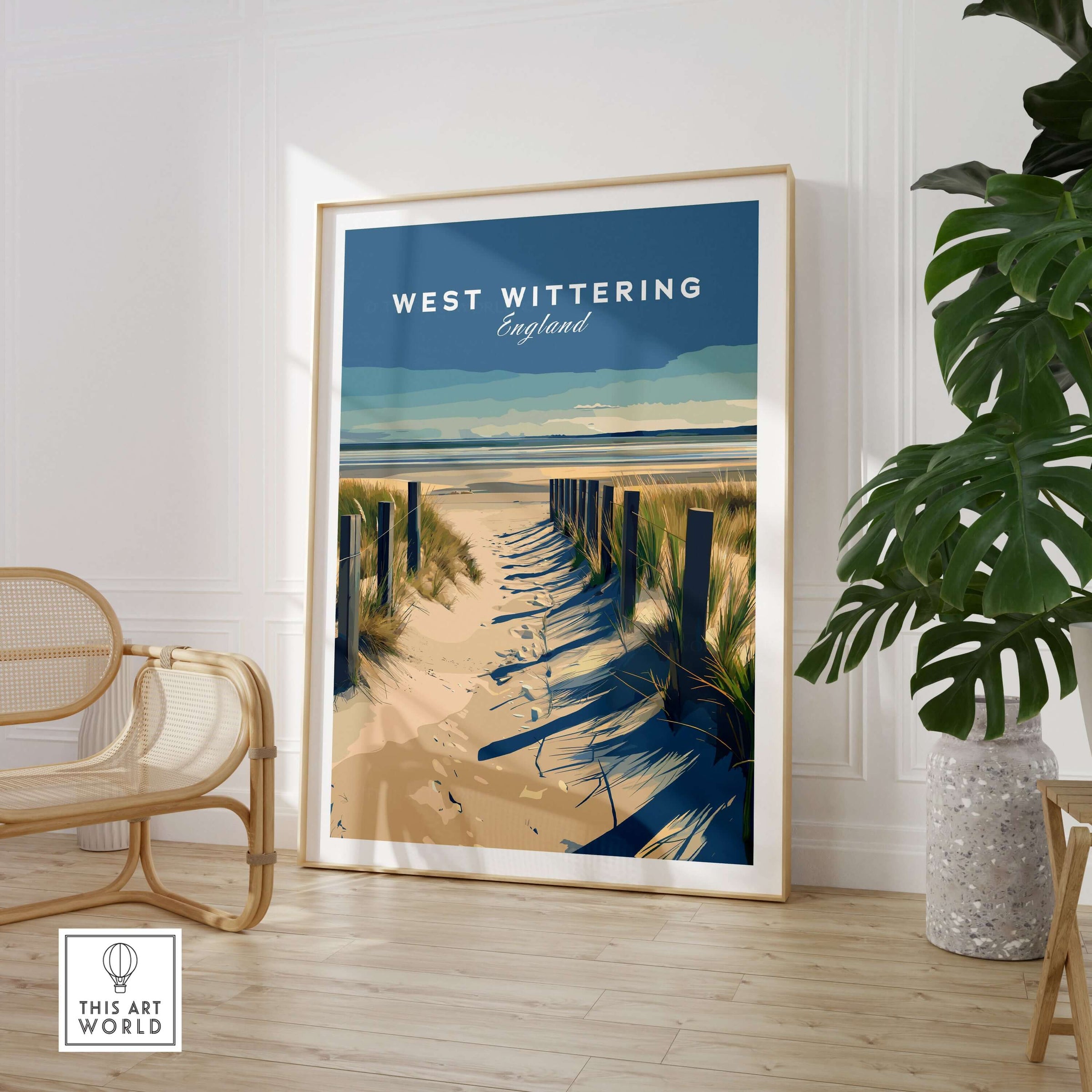 West Wittering Poster - Chichester England Print - Coastal Home Decor displayed in a stylish room with plants.