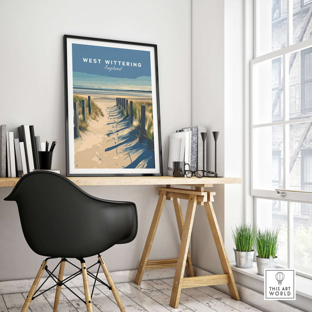 West Wittering Poster in a coastal home office, featuring serene beach landscape decor.