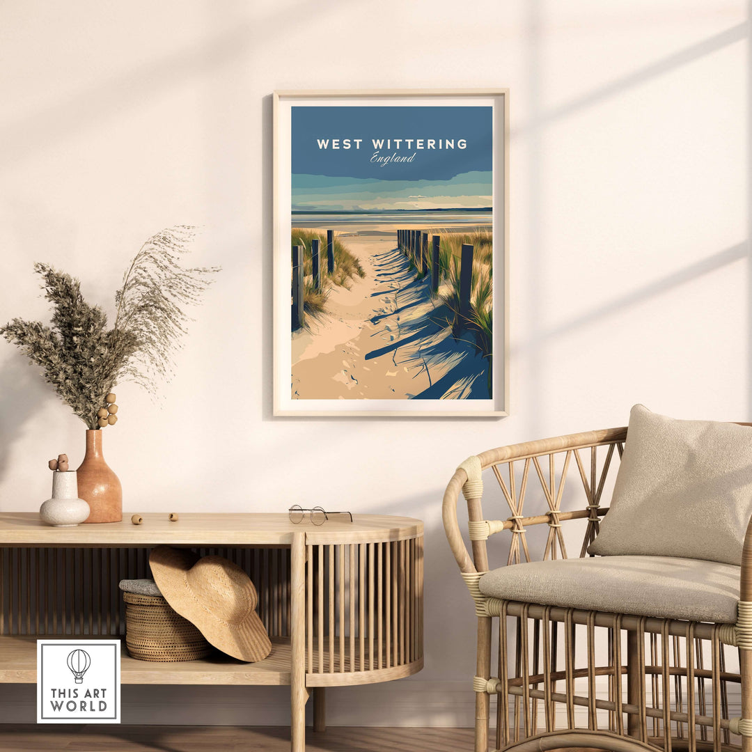 West Wittering poster displayed in a coastal home setting, enhancing beach-themed decor.
