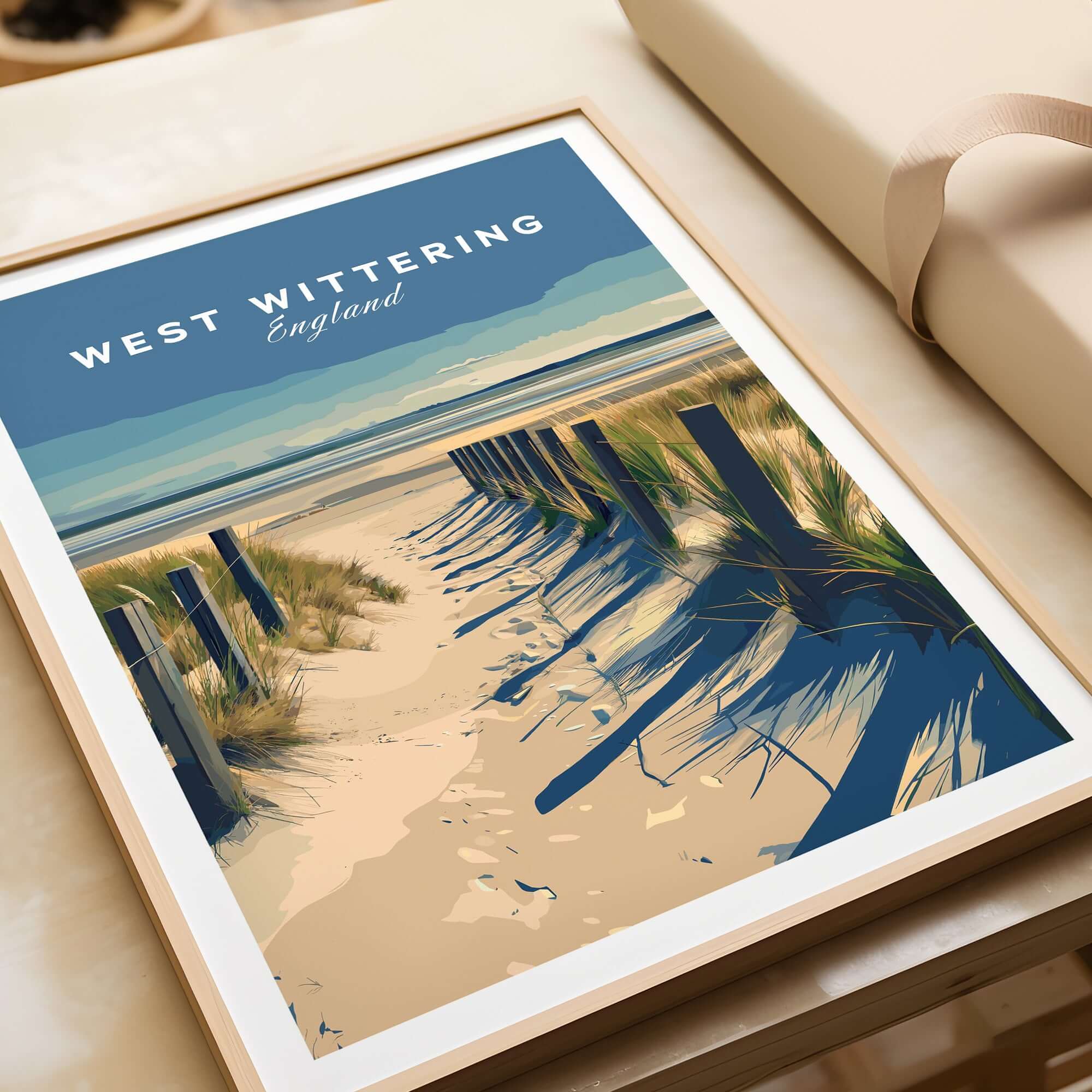 West Wittering Poster - Chichester England Print - Coastal Home Decor displayed on a table with beach scene design.