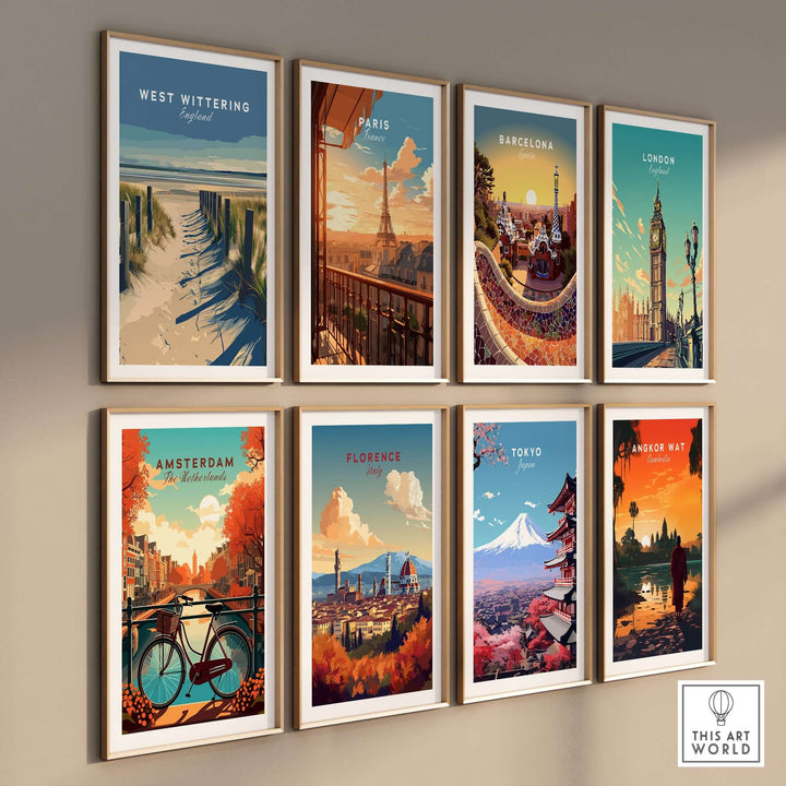 Gallery wall featuring vibrant travel posters including West Wittering, Paris, Barcelona, London, Amsterdam, and Tokyo.