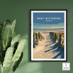 West Wittering Poster - Chichester England Print - Coastal Home Decor featuring a sandy path by the beach.