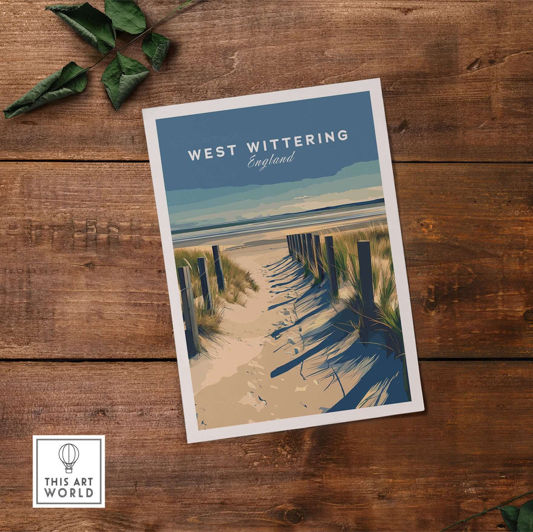 West Wittering coastal poster print showcasing sandy beach and wooden posts, perfect for home decor.
