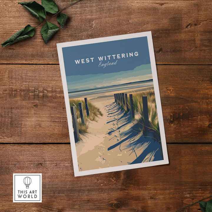 West Wittering coastal poster print showcasing sandy beach and wooden posts, perfect for home decor.