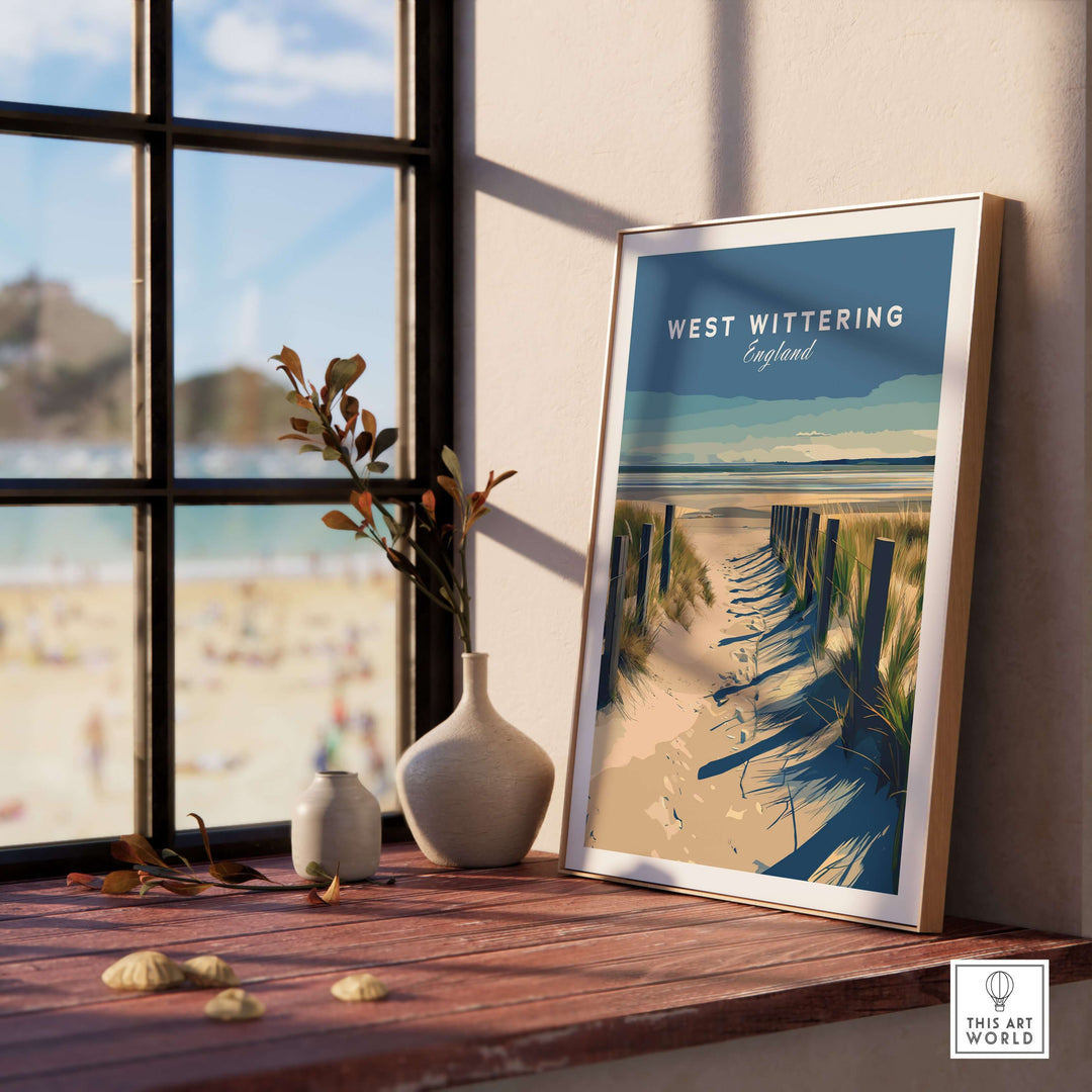 West Wittering Poster featuring coastal scene, showcased as home decor near a window.