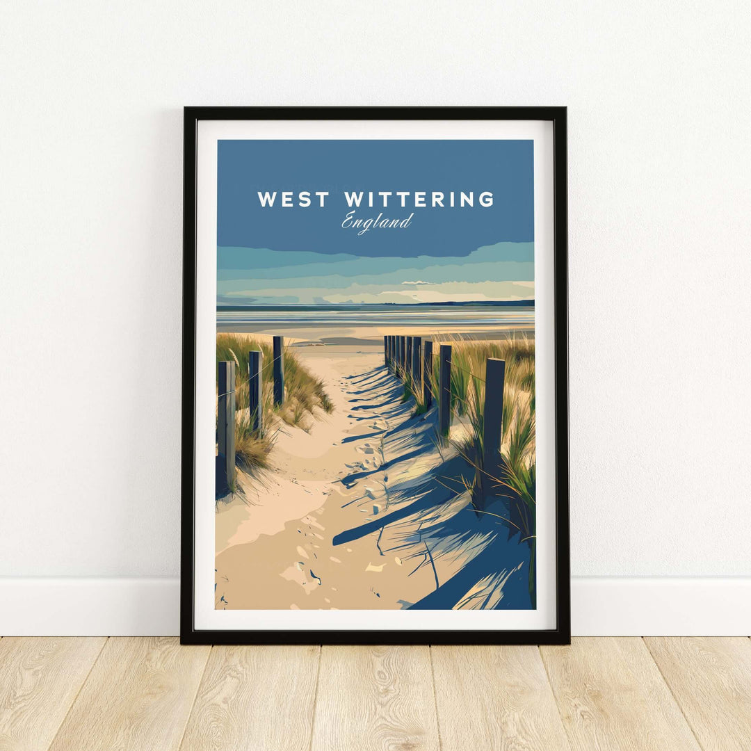 West Wittering poster print featuring a beach path in Chichester, England, ideal for coastal home decor.
