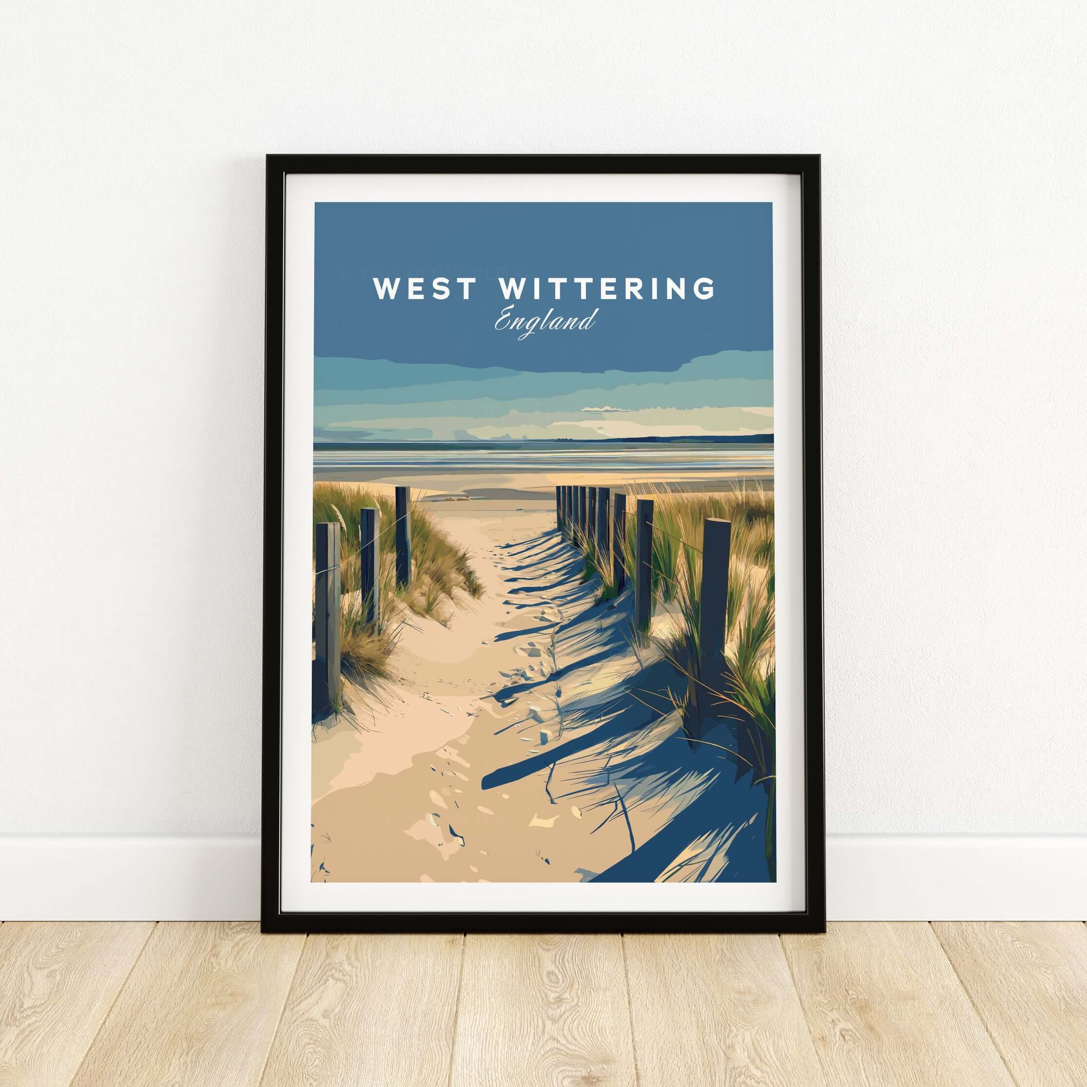 West Wittering Poster - Chichester England Print - Coastal Home Decor showcasing a scenic beach pathway in England.