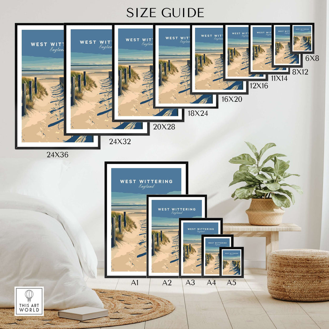Size guide for West Wittering poster prints displayed in a cozy interior setting, showcasing various dimensions.