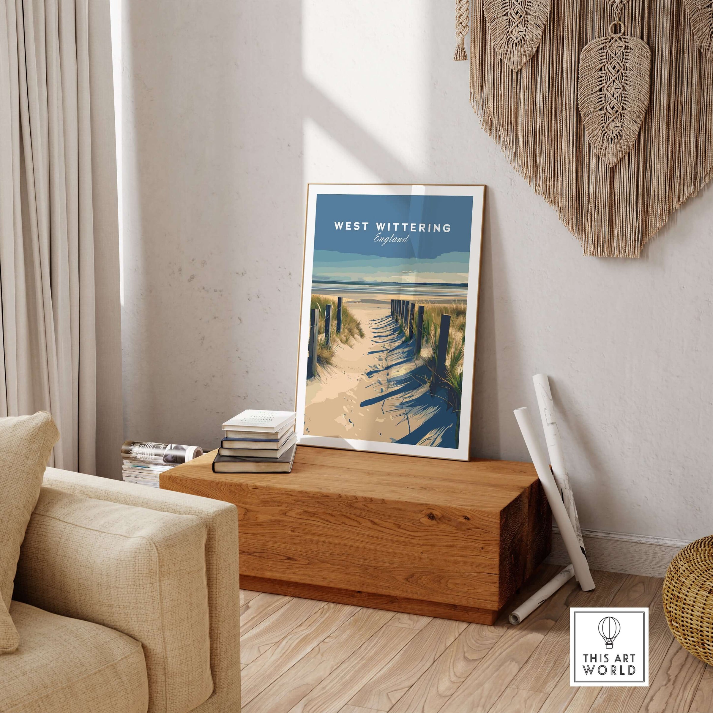 West Wittering Poster - Chichester England Print - Coastal Home Decor displayed in a modern living room setting.