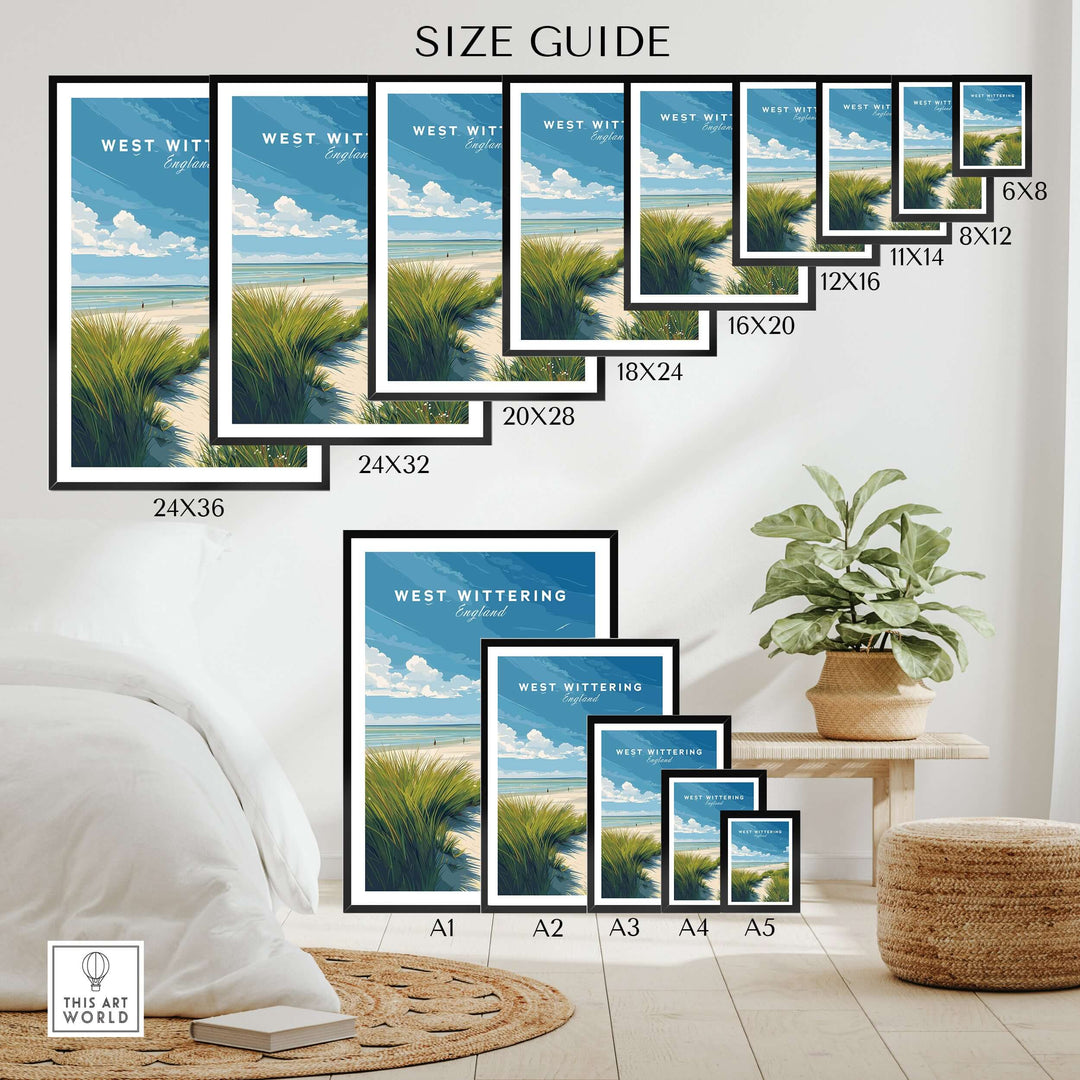 West Wittering Poster size guide with various frame sizes in a coastal decor setting, showcasing minimalist UK travel art.