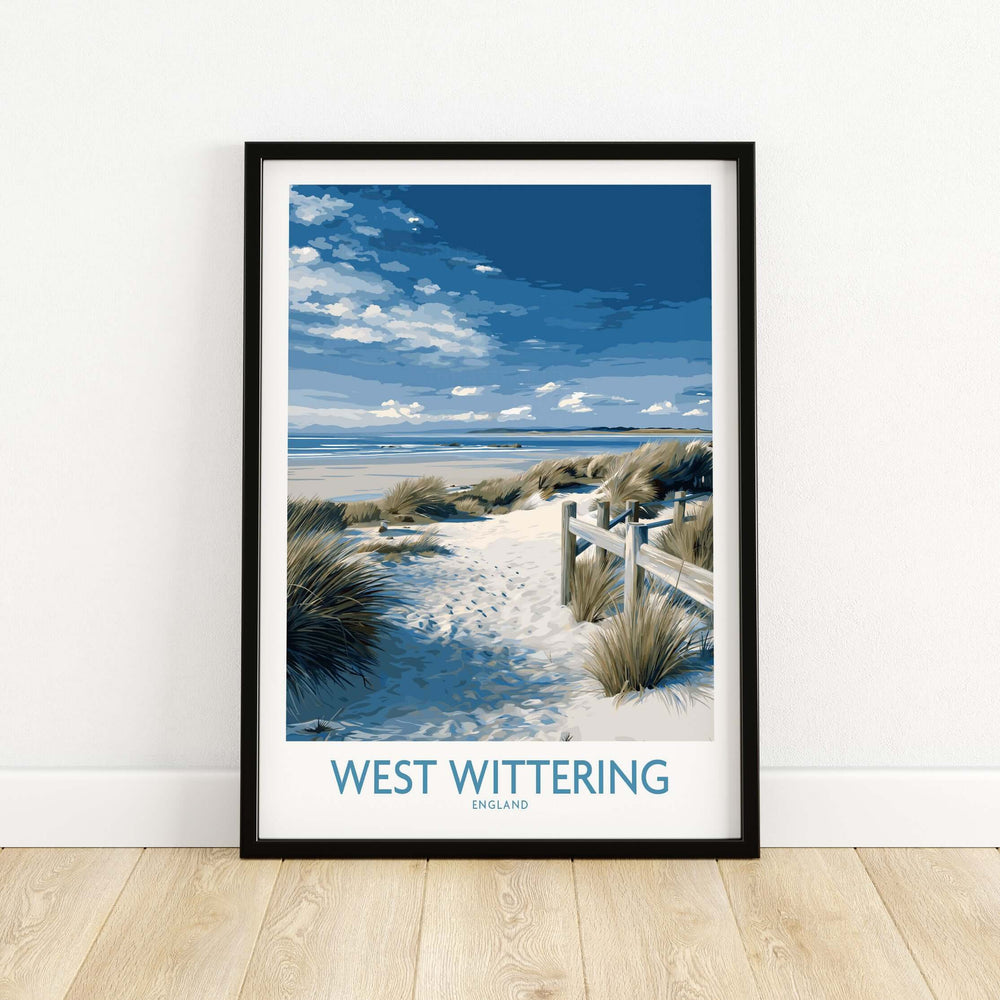 West Wittering poster featuring serene dunes and coastal landscape of England, perfect for home decor.