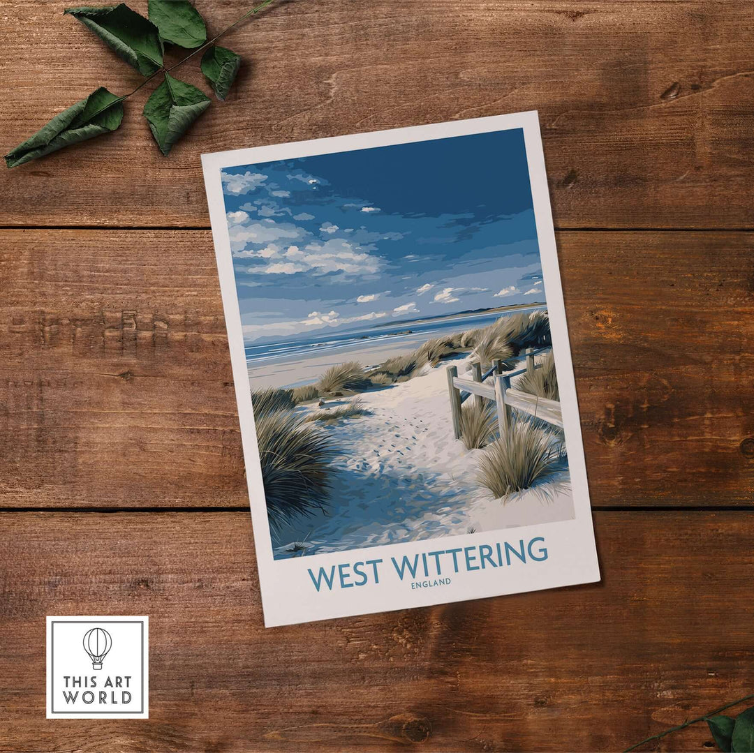 West Wittering poster showcasing Sussex dunes and coastal scenery in a serene English landscape.