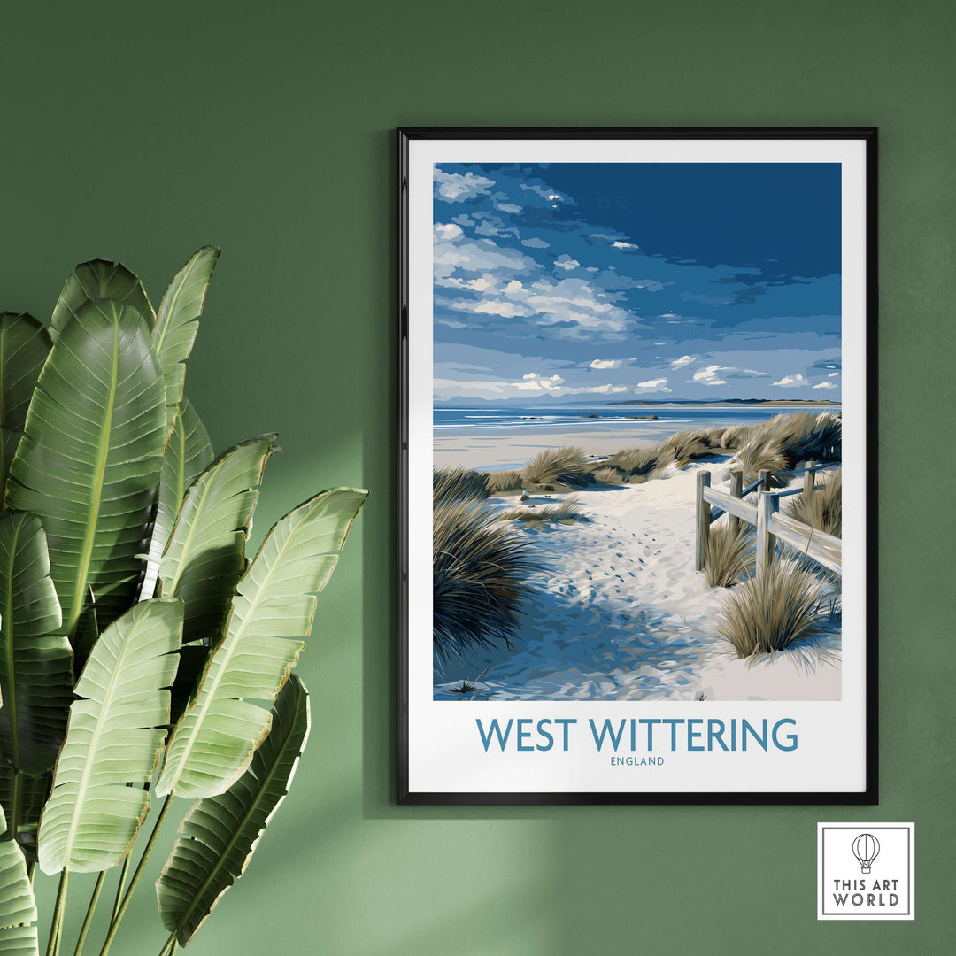 West Wittering poster depicting serene Sussex dunes and coastal scenery, ideal wall art for coastal home decor.