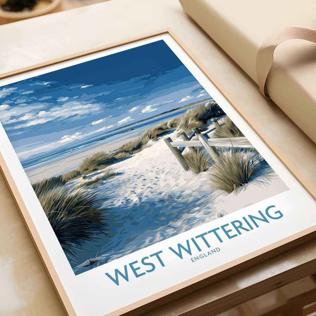 West Wittering coastal print featuring serene dunes and blue skies, perfect for seaside decor.