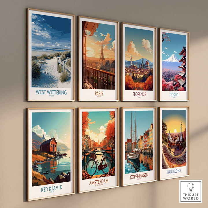 Gallery of travel posters featuring West Wittering, Paris, Florence, Tokyo, Reykjavik, Amsterdam, Copenhagen, and Barcelona.