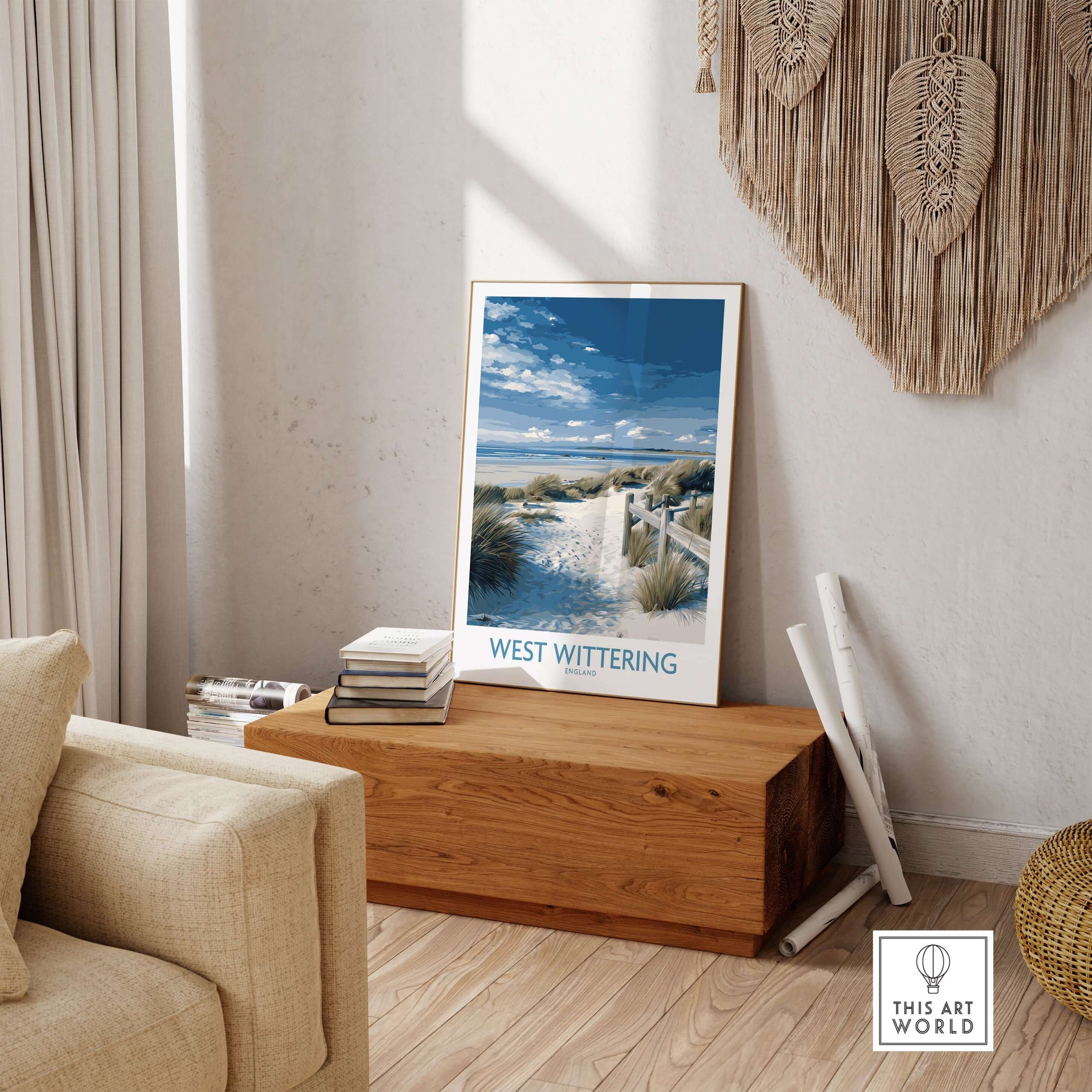 West Wittering Poster - Sussex Dunes Wall Art - English Coastal Print displayed in a cozy living room setting.