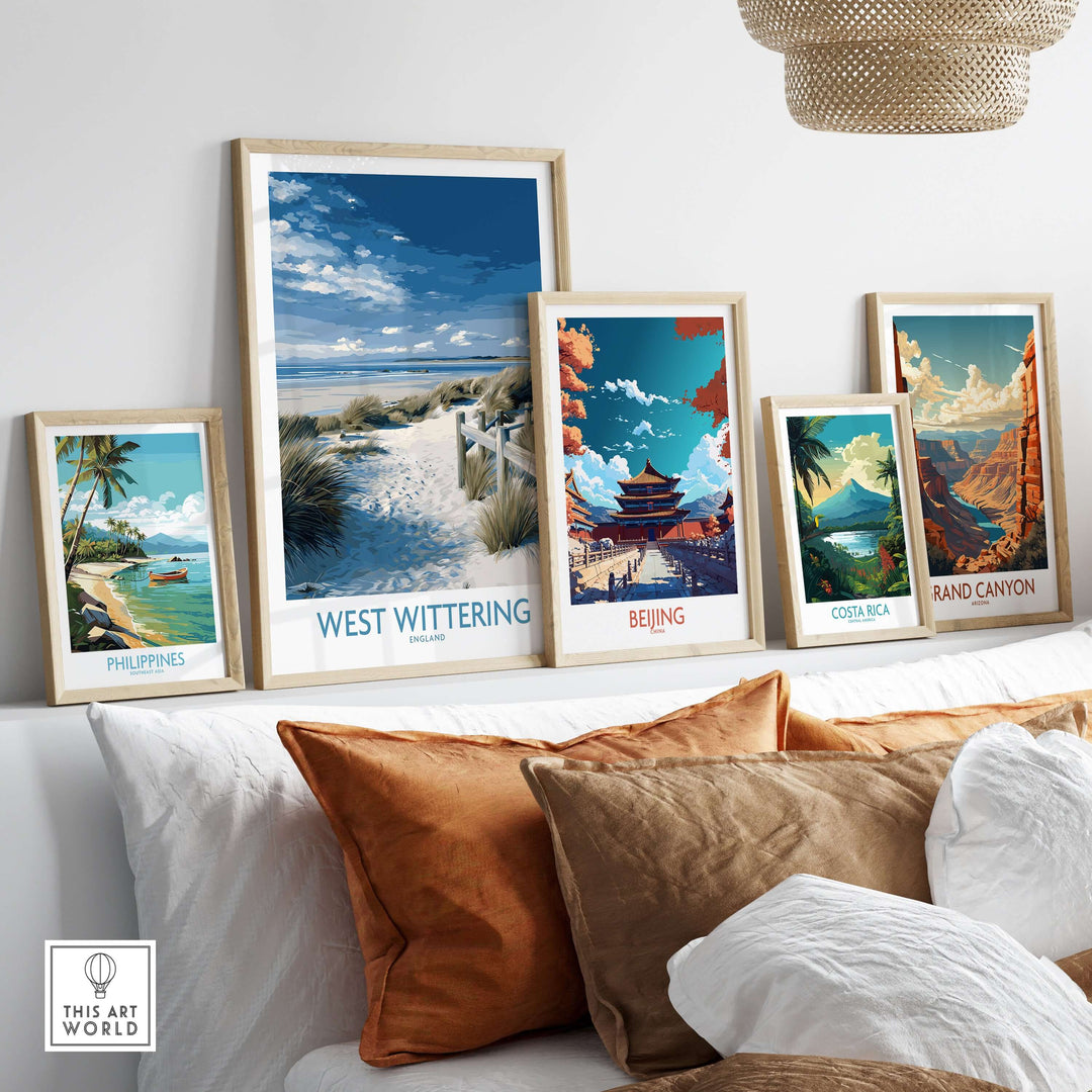 Gallery of framed travel posters, featuring West Wittering coastal art and landscapes from around the world.