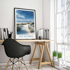 West Wittering Poster - Sussex Dunes Wall Art - English Coastal Print displayed in a modern home office setting.